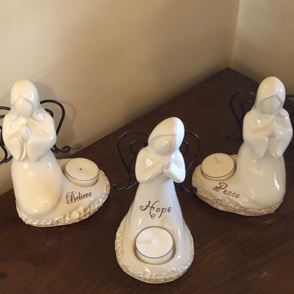 ✨SALE Set of 3 Angel Porcelain tea light Candle Holders Believe Hope Peace NIB - Picture 6 of 12